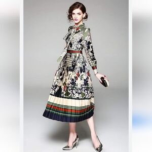 Dalia Macphee Tie Neck Printed Midi Dress Size Medium